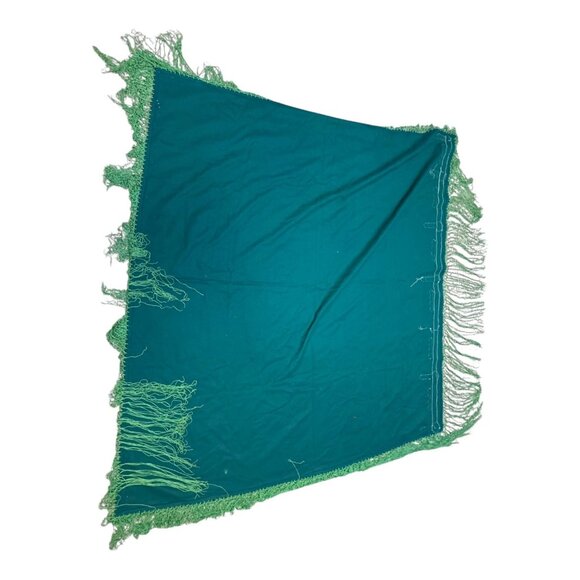 Vtg Square Emerald Green Tablecloth Floral Embroidery & Macrame Long Fringe READ - Picture 7 of 7